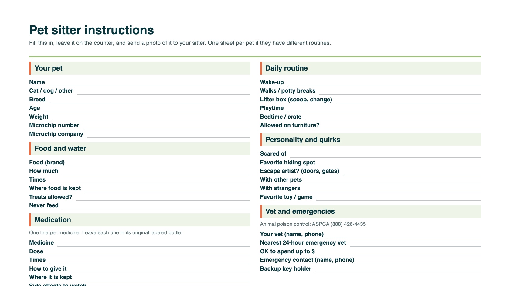 A preview of the free one-page pet sitter instructions template